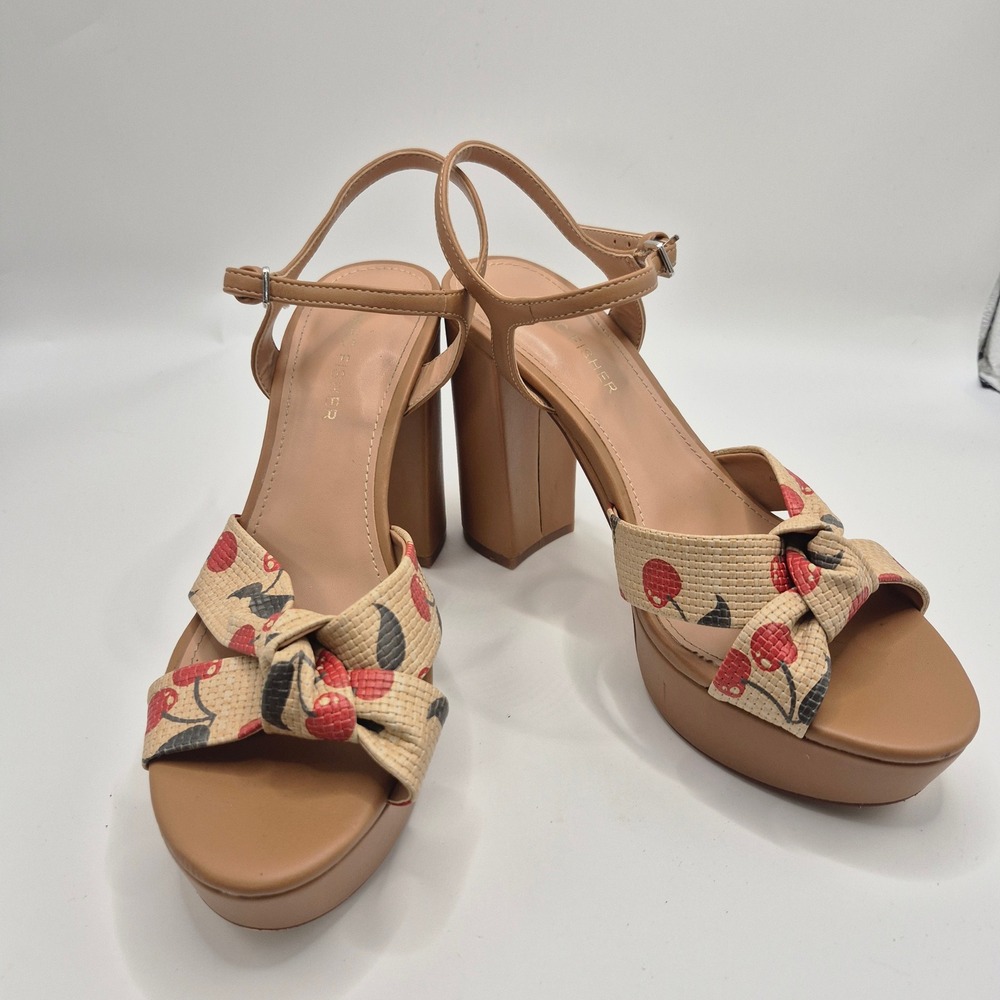 Marc Fisher Womens Tan Cherry Print Knotted Platform Block Heel Sandals 7M